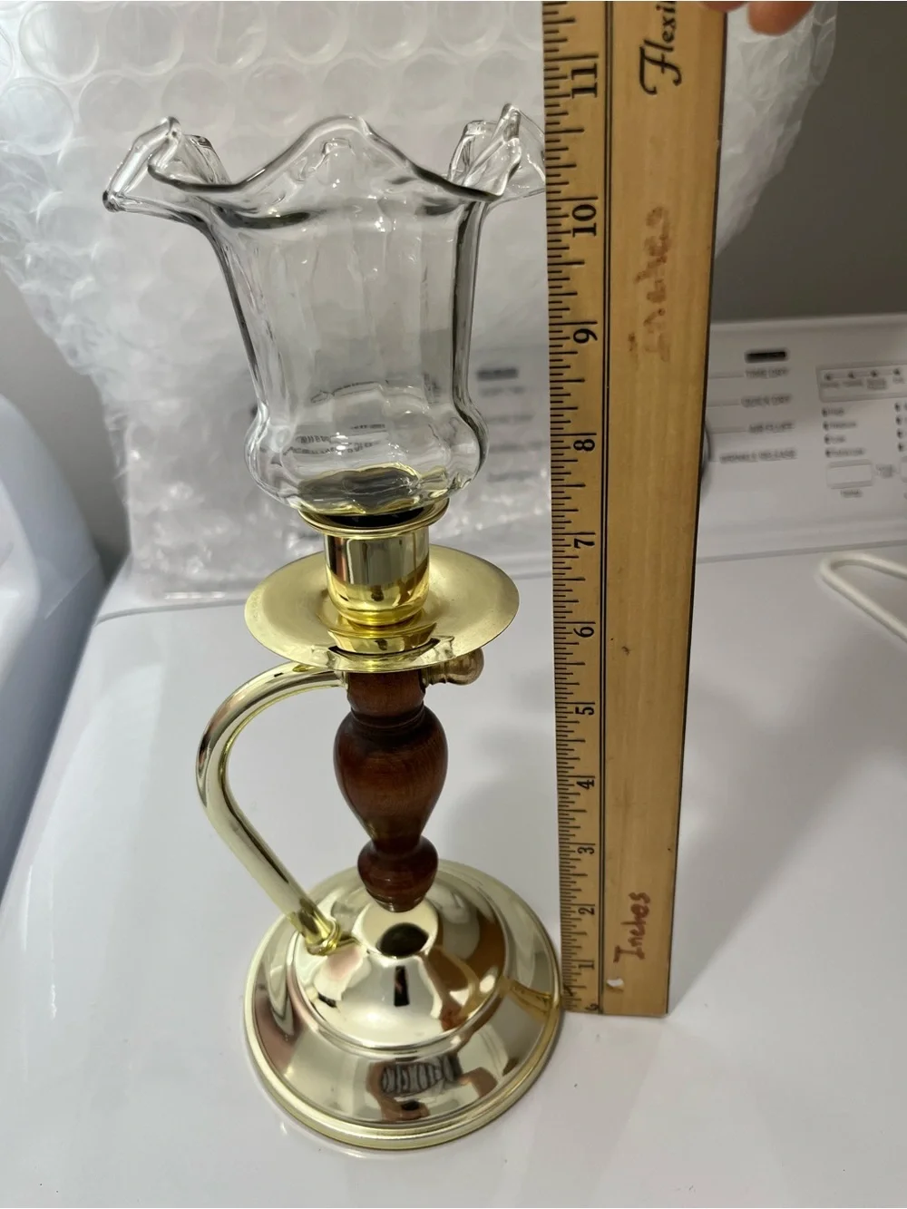 Vintage Convertible Gold-tone Metal & Wood Candle Holder w/ Clear Glass Votive